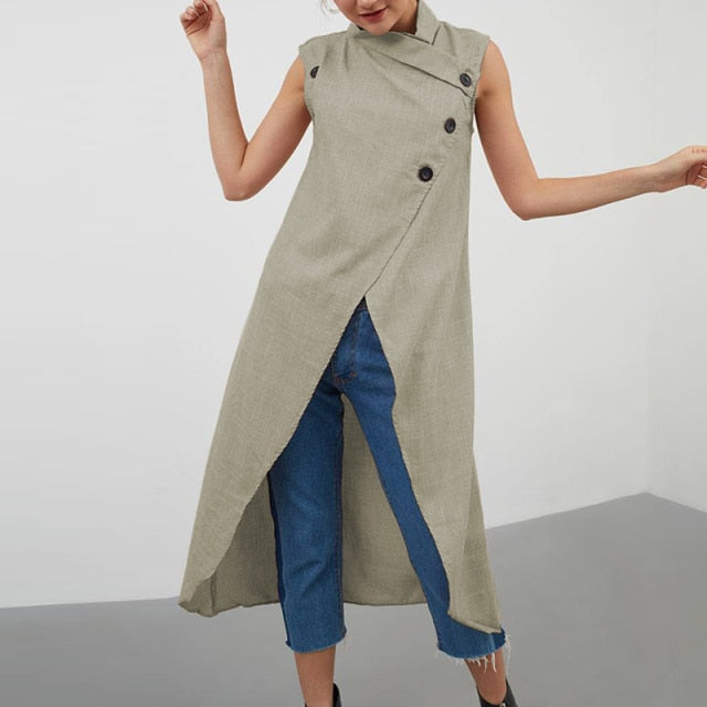 Women Blouses 2021 Celmia Asymmetrical Retro Tops Sleeveless Button Down Casual Split Long Shirt Loose Elegant Office Tunics