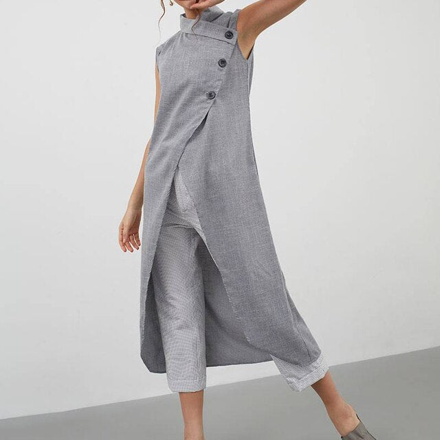 Women Blouses 2021 Celmia Asymmetrical Retro Tops Sleeveless Button Down Casual Split Long Shirt Loose Elegant Office Tunics