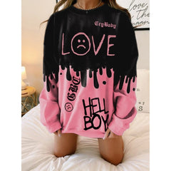 Lizakosht Pink Black Letter Print Oversized Crewneck Sweatshirt Women Loose O Neck Long Sleeve Pullover Thin Fashion Tops Spring Fall