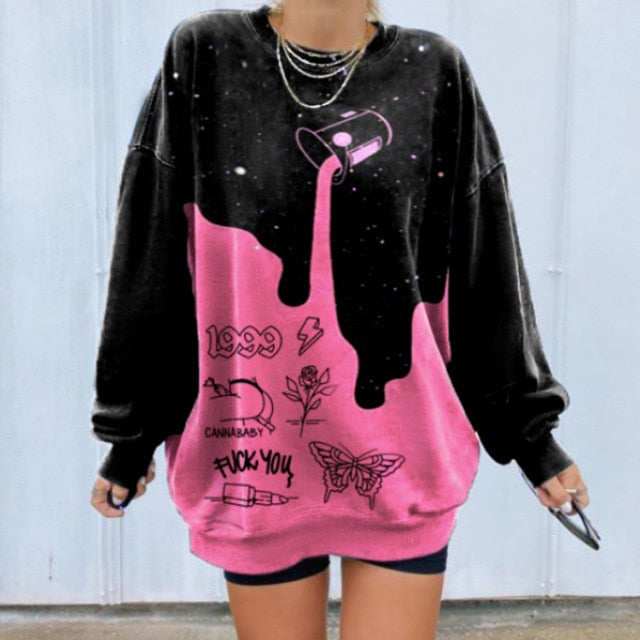 Lizakosht Pink Black Letter Print Oversized Crewneck Sweatshirt Women Loose O Neck Long Sleeve Pullover Thin Fashion Tops Spring Fall