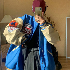Vintage Baseball Jackets Women Round Neck Single-breasted Splice Loose Baseball Uniform Harajuku Casual Oversize Unisex Coats