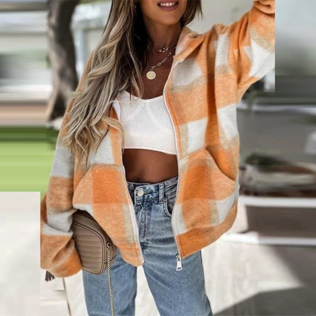 Fashion Colorful Plaid Printed Women Hooded Coat Autumn Winter Elegant Drawstring Zipper Cardigan Jacket Casual Loose Outerwear
