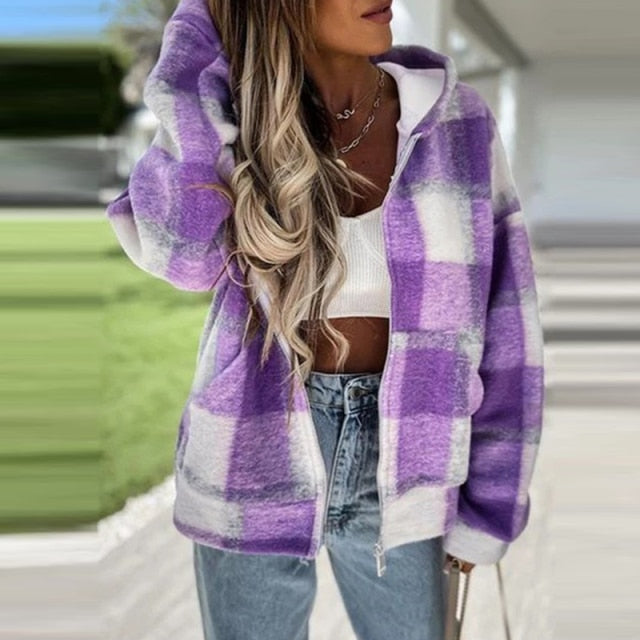 Fashion Colorful Plaid Printed Women Hooded Coat Autumn Winter Elegant Drawstring Zipper Cardigan Jacket Casual Loose Outerwear