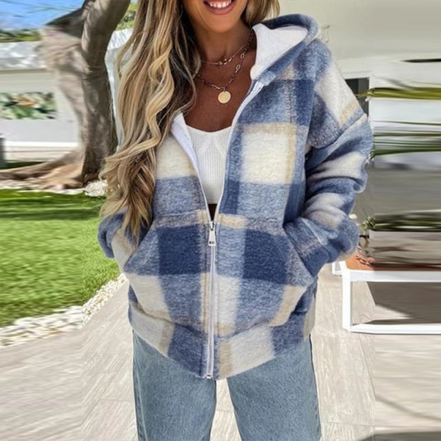 Fashion Colorful Plaid Printed Women Hooded Coat Autumn Winter Elegant Drawstring Zipper Cardigan Jacket Casual Loose Outerwear