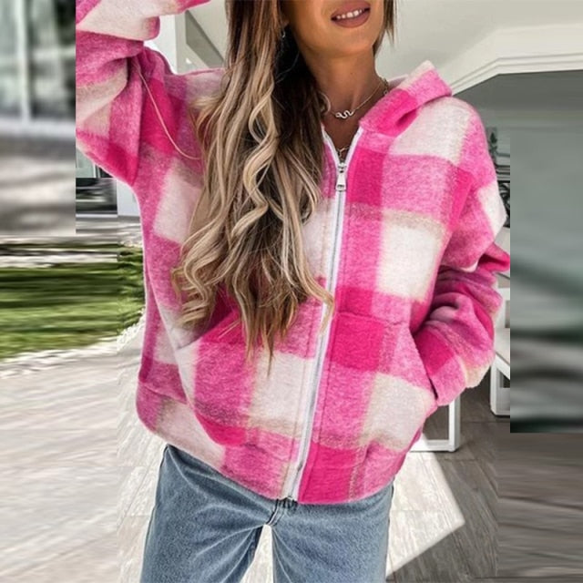 Fashion Colorful Plaid Printed Women Hooded Coat Autumn Winter Elegant Drawstring Zipper Cardigan Jacket Casual Loose Outerwear