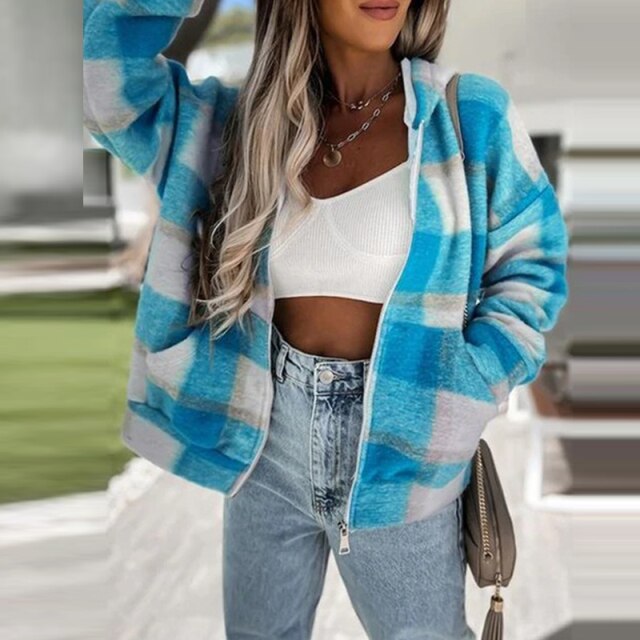 Fashion Colorful Plaid Printed Women Hooded Coat Autumn Winter Elegant Drawstring Zipper Cardigan Jacket Casual Loose Outerwear