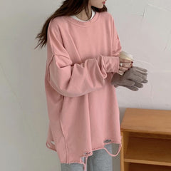 Hot Autumn winter thin Cotton long Women sweatshirt oversized solid hoodies Harajuku Long sleeve Hole Tops Female pink Pullovers