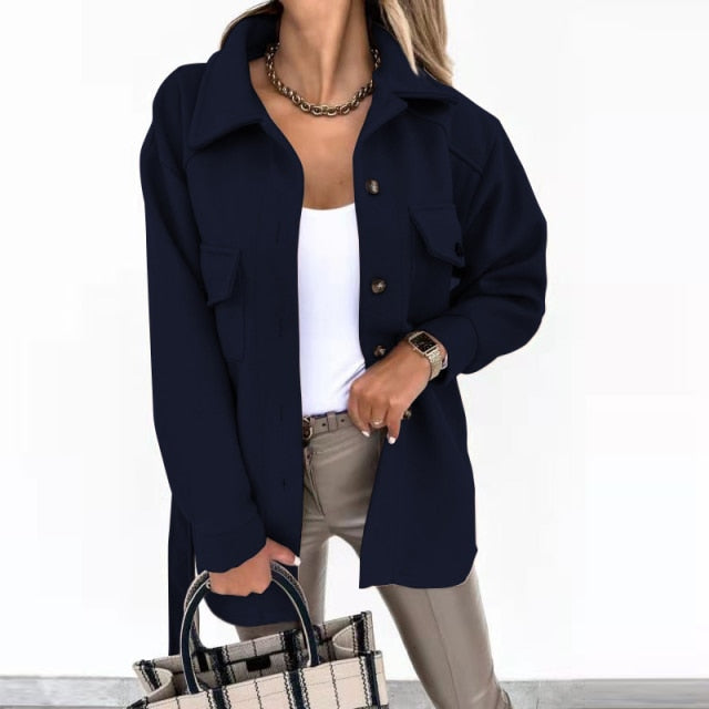 Lizakosht Autumn Women Single Breasted Wool Jacket Elegant Button Pocket Solid Tops Coat Vintage Turn-Down Collar Long Sleeve Outwear 2XL