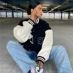 FSDA 2021 Autumn Winter Oversized Baseball Jacket Varsity Bomber Women Long Sleeve Patchwork Letter Print Coat Fashion