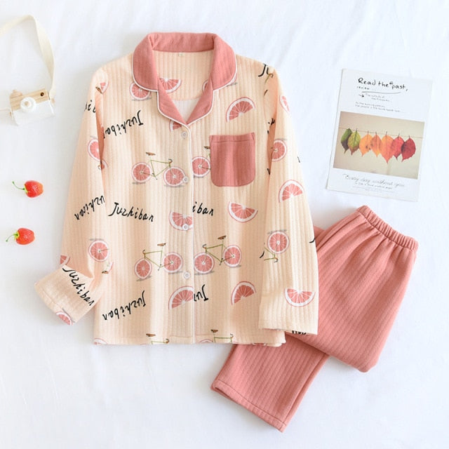 Japanese new style autumn and winter long-sleeved trousers, pure cotton air cotton, warm ladies pajamas, home service sleepwear