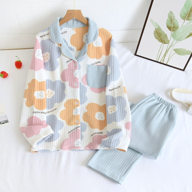 Japanese new style autumn and winter long-sleeved trousers, pure cotton air cotton, warm ladies pajamas, home service sleepwear
