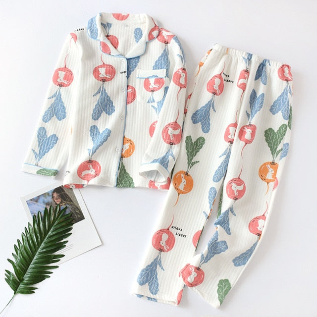 Japanese new style autumn and winter long-sleeved trousers, pure cotton air cotton, warm ladies pajamas, home service sleepwear