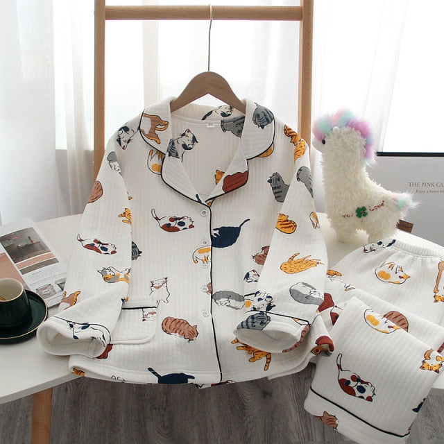 Japanese new style autumn and winter long-sleeved trousers, pure cotton air cotton, warm ladies pajamas, home service sleepwear