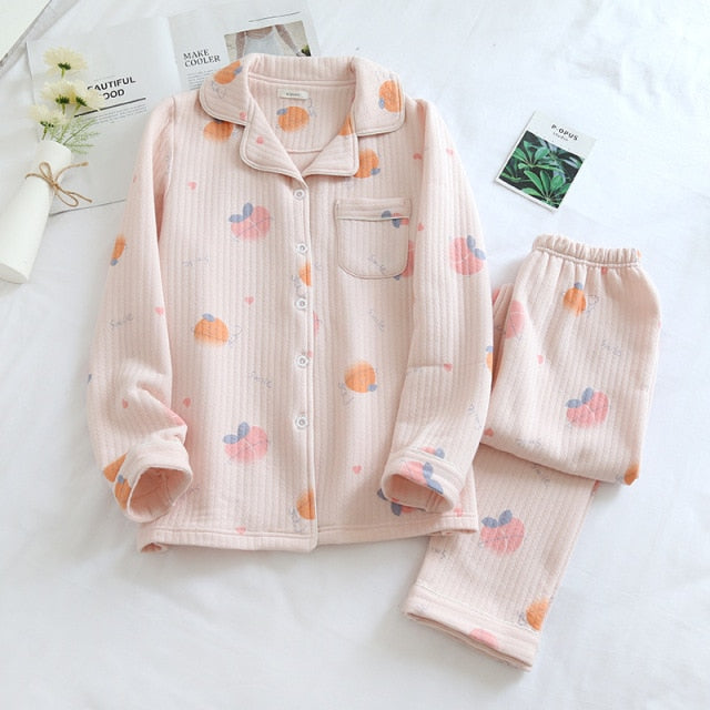 Japanese new style autumn and winter long-sleeved trousers, pure cotton air cotton, warm ladies pajamas, home service sleepwear