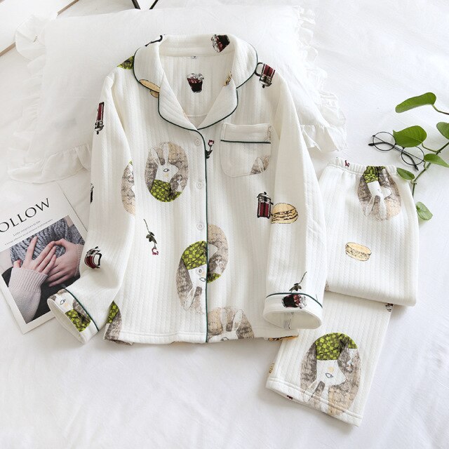 Japanese new style autumn and winter long-sleeved trousers, pure cotton air cotton, warm ladies pajamas, home service sleepwear