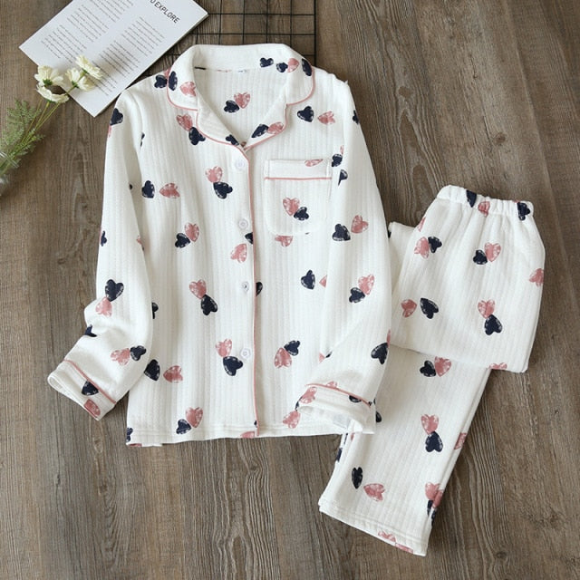 Japanese new style autumn and winter long-sleeved trousers, pure cotton air cotton, warm ladies pajamas, home service sleepwear
