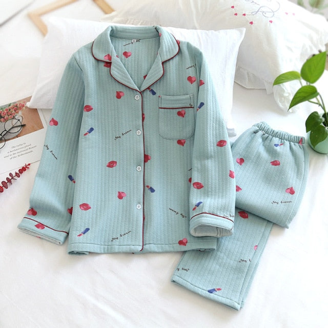 Japanese new style autumn and winter long-sleeved trousers, pure cotton air cotton, warm ladies pajamas, home service sleepwear
