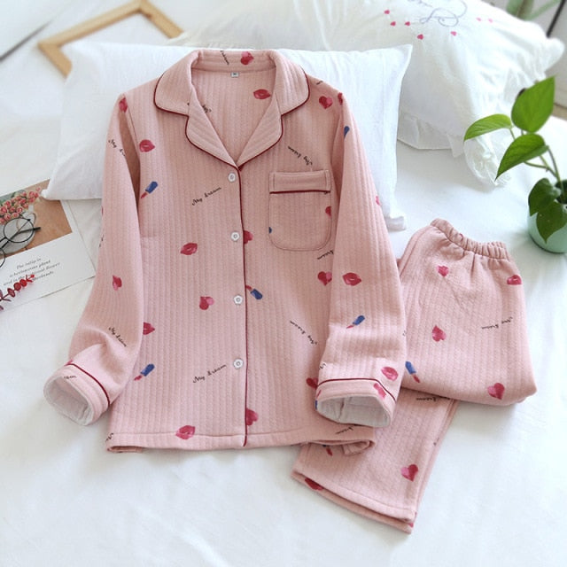 Japanese new style autumn and winter long-sleeved trousers, pure cotton air cotton, warm ladies pajamas, home service sleepwear
