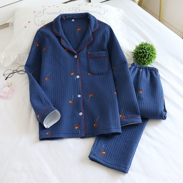 Japanese new style autumn and winter long-sleeved trousers, pure cotton air cotton, warm ladies pajamas, home service sleepwear
