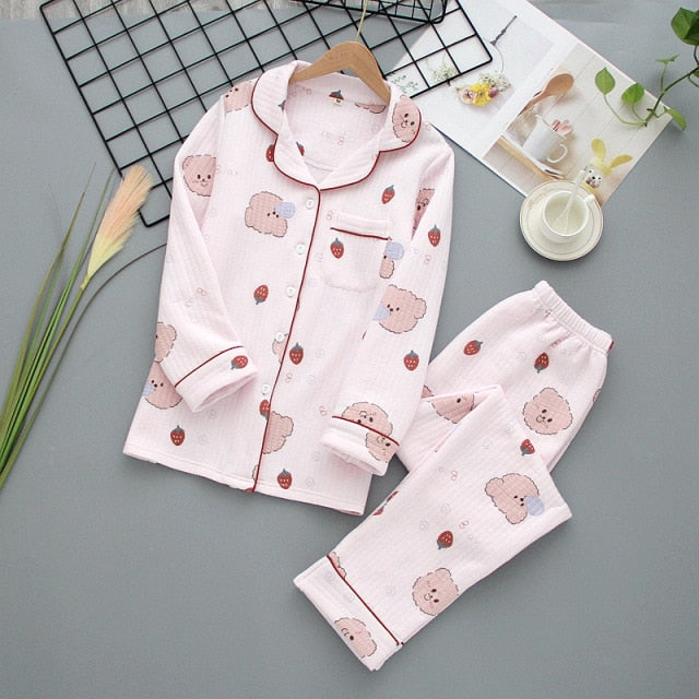 Japanese new style autumn and winter long-sleeved trousers, pure cotton air cotton, warm ladies pajamas, home service sleepwear