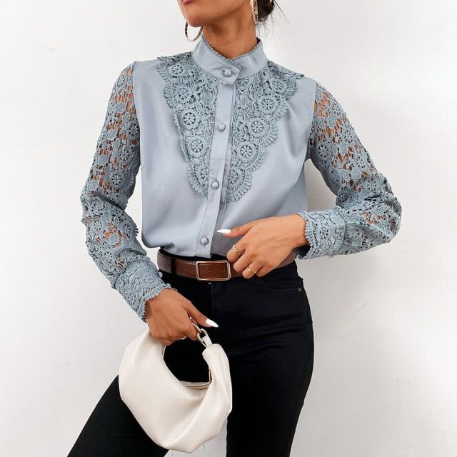 Women Sexy Lace Patchwork Hollow Out T-Shirt Long Sleeve Crew Neck Button Mesh Design Tops Spring Fashion White Vintage T Shirts