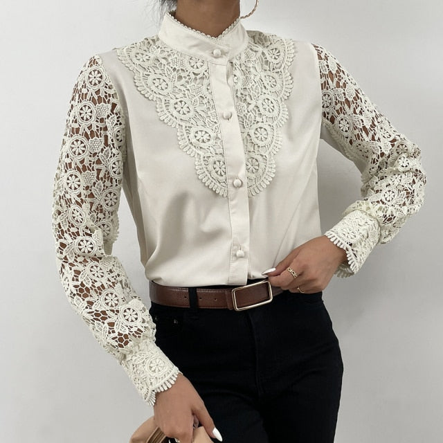 Women Sexy Lace Patchwork Hollow Out T-Shirt Long Sleeve Crew Neck Button Mesh Design Tops Spring Fashion White Vintage T Shirts