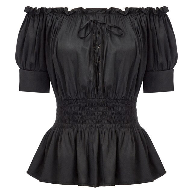 retro Women shirt gothic punk Medieval Tops 1/2 Sleeve Off Shoulder Straight Neck Smocked Waist solid summer rockabilly blouse
