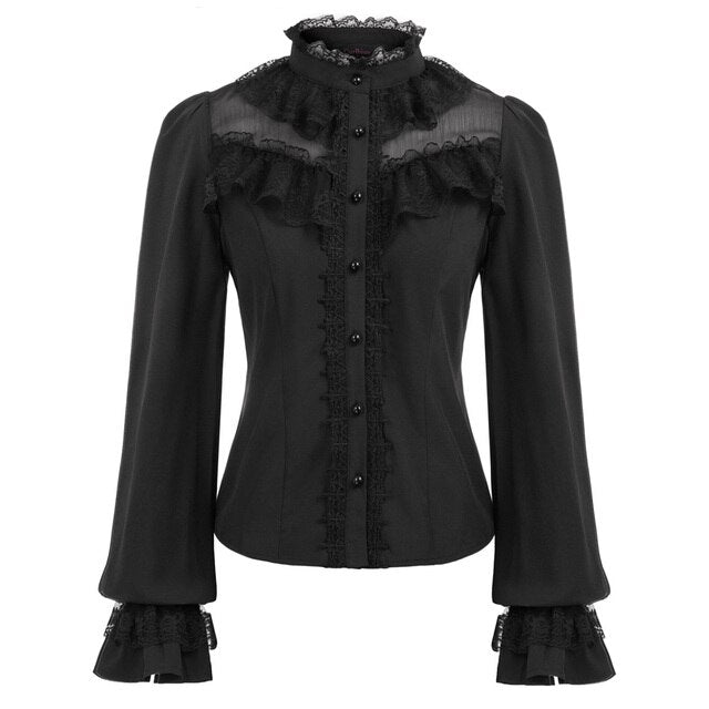 party blouse Women Vintage shirt retro gothic club evening Long Sleeve Stand Collar Lace hollow ruffle lace-up Shirt ladies Tops