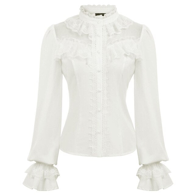 party blouse Women Vintage shirt retro gothic club evening Long Sleeve Stand Collar Lace hollow ruffle lace-up Shirt ladies Tops
