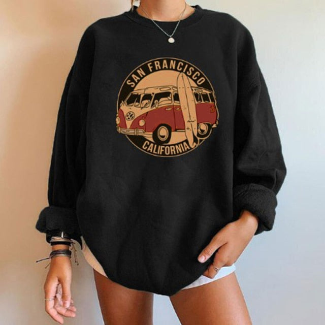 Low Price Promotion Women Sweatshirts San Francisco California Buses Print Oversized Top Woman Drop-shoulder Pullovers Female