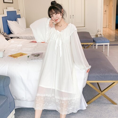 Women Cotton Dress Princess Sleepshirts Vintage Palace Style Lace Embroidered Nightgowns.Victorian Nightdress Lounge