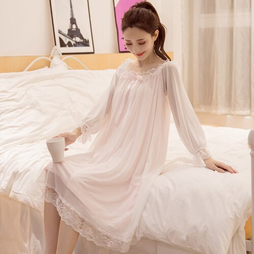 Women Cotton Dress Princess Sleepshirts Vintage Palace Style Lace Embroidered Nightgowns.Victorian Nightdress Lounge
