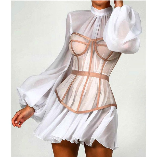 New Design 2 Pieces Summer Dress Women's Black Sexy Corset Long Retro Slim Mesh Mesh Dress Elegant Ladies Club Dress Beach Party