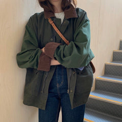 Lizakosht  Korean Thick Autumn Vintage Lapel Casual Style Loose Full Lantern Sleeve Coats and Jackets Women Army Green Streetwear