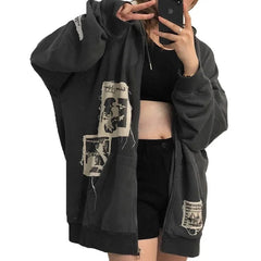 Winter women's street brown graffiti print zip vintage tops hoodie sweatshirts hoodies kawaii Blouse grunge y2k coats jackets