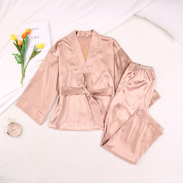 Lizakosht Solid Color Sleepwear Loose Flare Home Pants Three Quarter Sleeve Satin Robe Sets Bathrobe For Women Pajama Fashion Spring