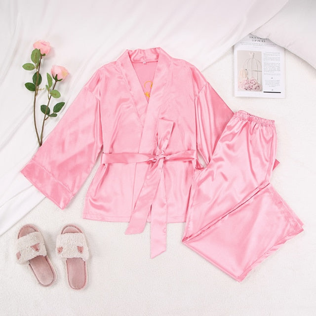 Lizakosht Solid Color Sleepwear Loose Flare Home Pants Three Quarter Sleeve Satin Robe Sets Bathrobe For Women Pajama Fashion Spring