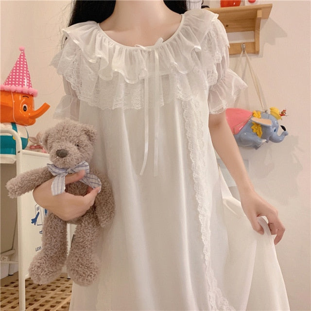 Lizakosht Women Lolita Dress Princess Sleepwear White Lace Mesh Fairy Night Dress Victorian Vintage Nightgown Kawaii Nightdress Loungewear