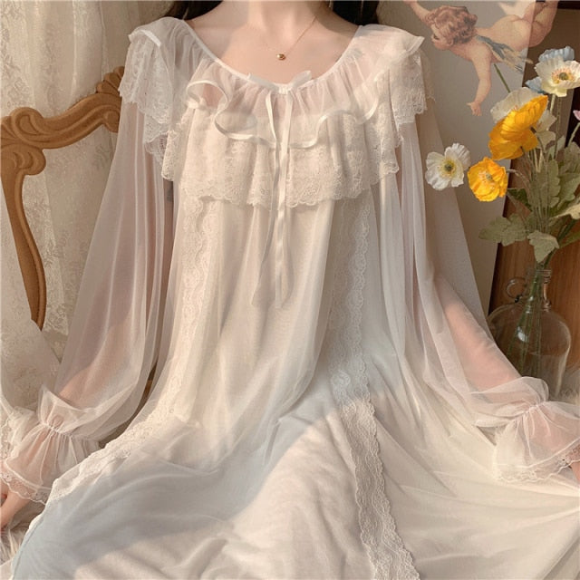 Lizakosht Women Lolita Dress Princess Sleepwear White Lace Mesh Fairy Night Dress Victorian Vintage Nightgown Kawaii Nightdress Loungewear