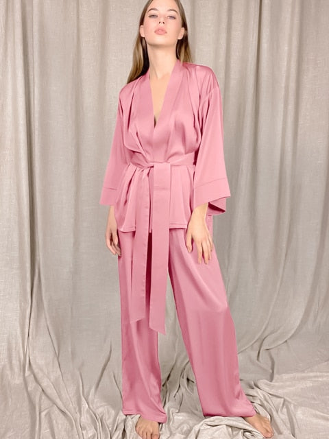 Lizakosht Solid Color Sleepwear Loose Flare Home Pants Three Quarter Sleeve Satin Robe Sets Bathrobe For Women Pajama Fashion Spring