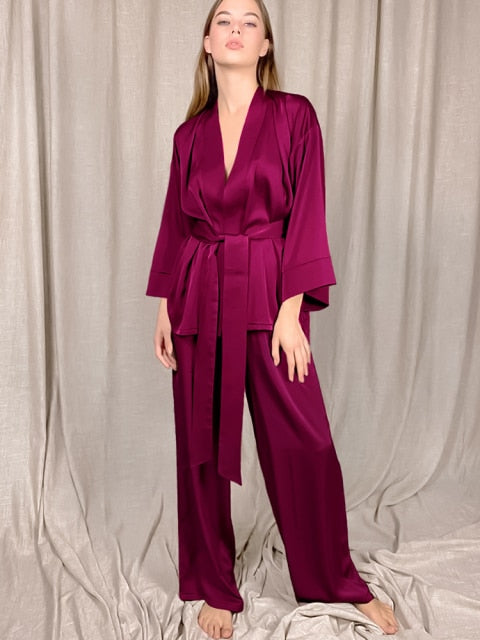 Lizakosht Solid Color Sleepwear Loose Flare Home Pants Three Quarter Sleeve Satin Robe Sets Bathrobe For Women Pajama Fashion Spring