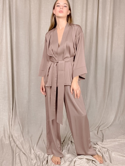 Lizakosht Solid Color Sleepwear Loose Flare Home Pants Three Quarter Sleeve Satin Robe Sets Bathrobe For Women Pajama Fashion Spring