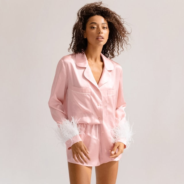 Lizakosht  Feathers Pajamas Women 2 Piece Set Long Sleeve Turn Down Collar Top Pockets Autumn Casual Night Suits With Shorts Satin