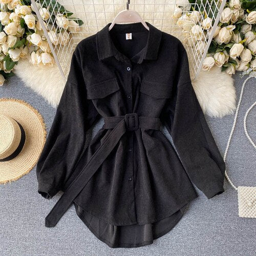 Women 2021 Autumn Winter Shirts Retro Cargo Style Pockets Long-Sleeved Shirt Puff Sleeve Bandage Nipped Waist Tops Female PL438