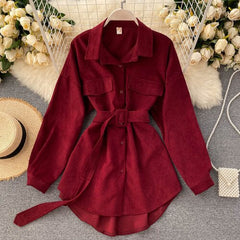 Women 2021 Autumn Winter Shirts Retro Cargo Style Pockets Long-Sleeved Shirt Puff Sleeve Bandage Nipped Waist Tops Female PL438