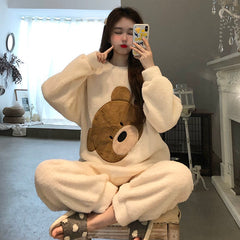 QWEEK Winter Pajamas Women Warm Sleepwear Velvet Trouser Suits Kawaii Clothes Loungewear Korea Style Peignoirs Home Kit