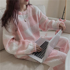 QWEEK Winter Pajamas Women Warm Sleepwear Velvet Trouser Suits Kawaii Clothes Loungewear Korea Style Peignoirs Home Kit