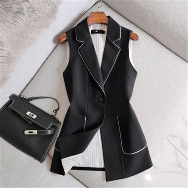Spring Autumn Women Vintage Long Blazer Vest Chic Single Button Sleeveless Suit Female Jacket Outwear Waistcoat Tops