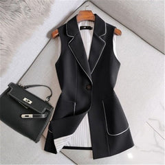 Spring Autumn Women Vintage Long Blazer Vest Chic Single Button Sleeveless Suit Female Jacket Outwear Waistcoat Tops