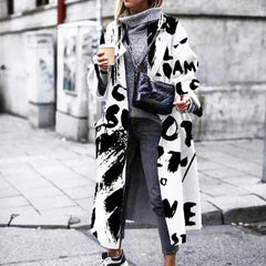Fashion Casual Long Sleeve Winter Women Warm Jackets Vintage Printed Tweed Long Cardigan New Lady Elegant Lapel Pocket Outerwear